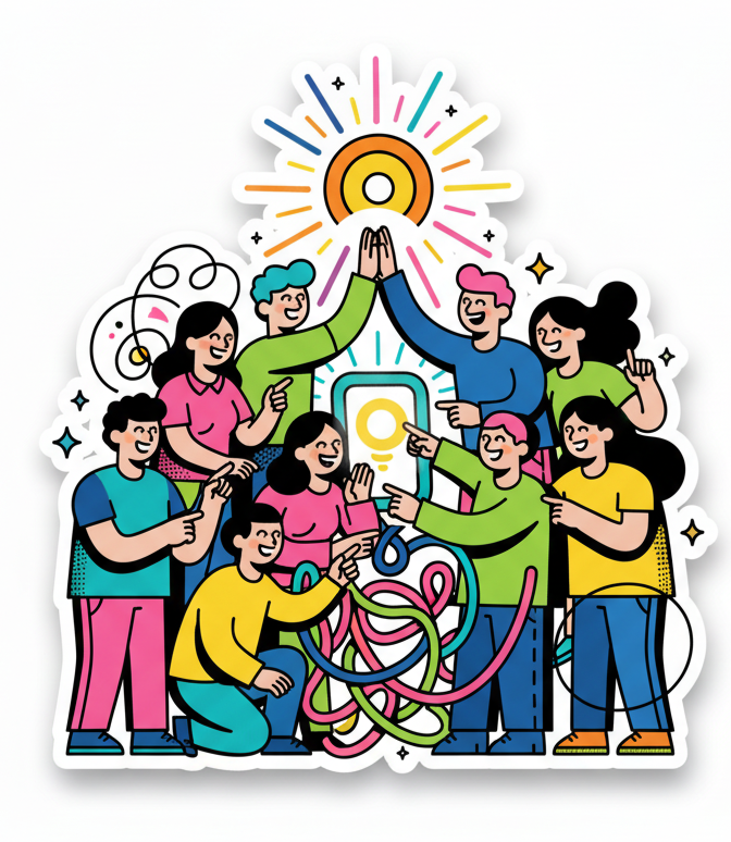 Colorful illustration of a group of people celebrating with high fives, pointing, and smiling around a central glowing yellow circle. Bright lines and sparks radiate from the circle, symbolizing connection and achievement.