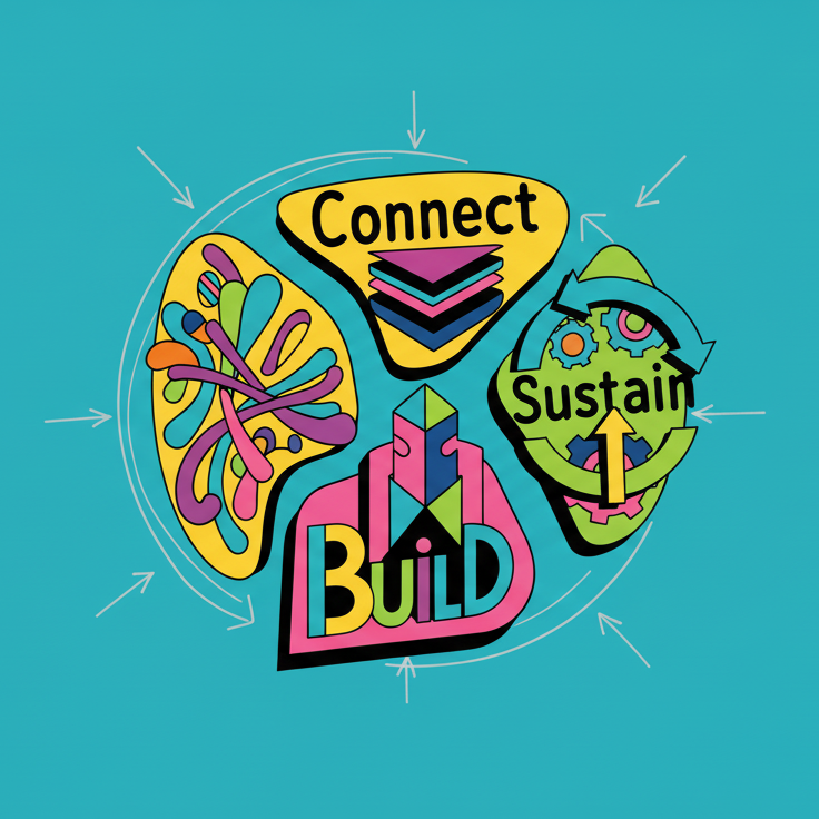 Colorful graphic showing three interconnected sections labeled 'Connect,' 'Build,' and 'Sustain,' with arrows indicating continuous cycle, on a turquoise background.