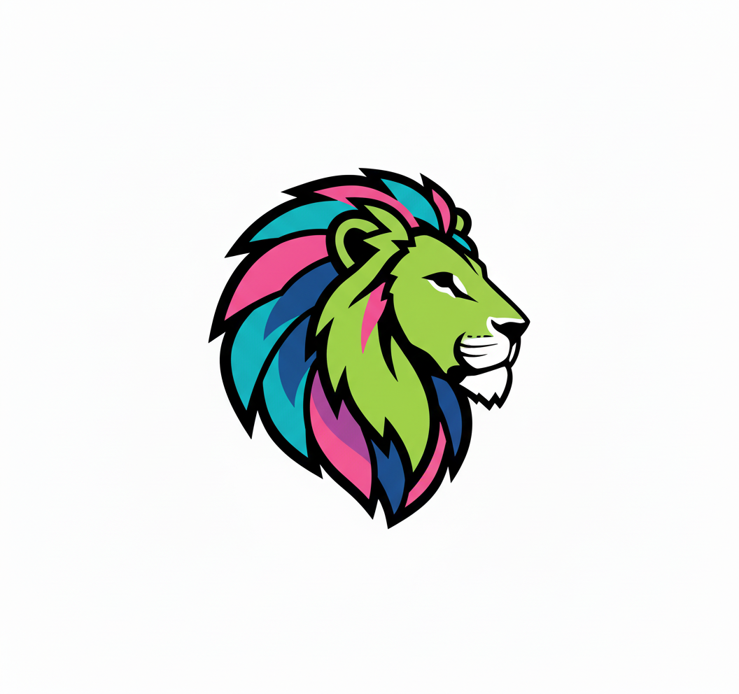 A stylized lion's head logo in bright colors, including green, pink, blue, and black outlines. Symbolizes one part of the Grow Yourself Framework: Lead With Courage and Purpose.
