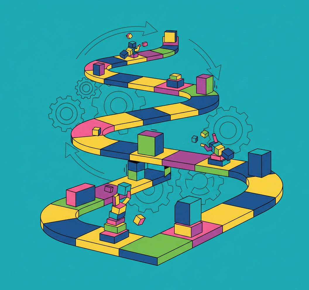 Colorful illustrated game board with a DNA double helix shape, featuring blocks, gears, and arrows.