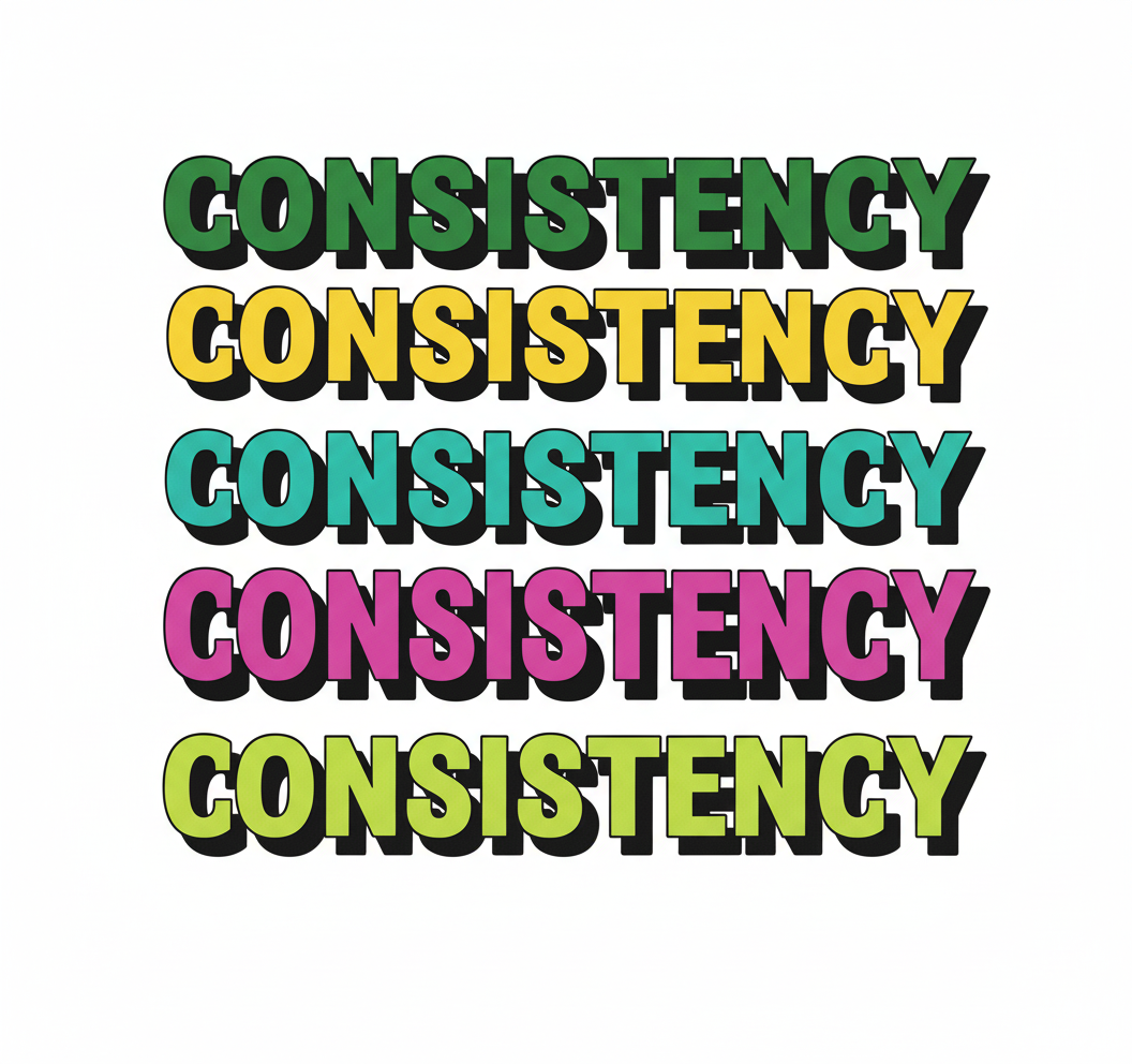 'Consistency'. Symbolizes one part of the Grow Others Framework:  Shrink the Change and Build Habits That Stick @ Coulda Woulda where you can grow skills that help you as a parent and leader. Get Inspired to grow one step at a time. Gowth, Change.