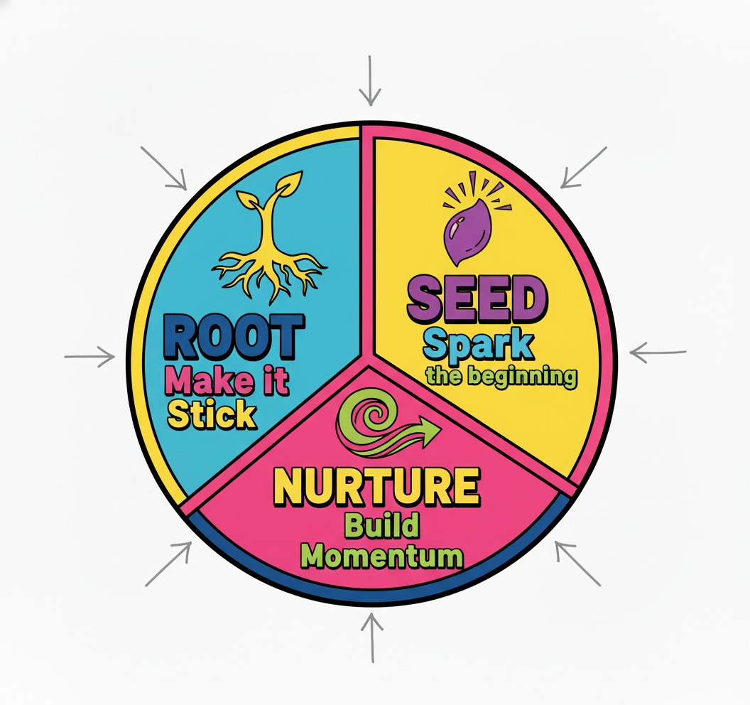 Learn the skills to help others change. Framework for Growth and Building the Skills you need - Leadership - Science Backed Tools at Coulda Woulda for leaders, parents and humans.The root seed nurture framework Strategic Tool.