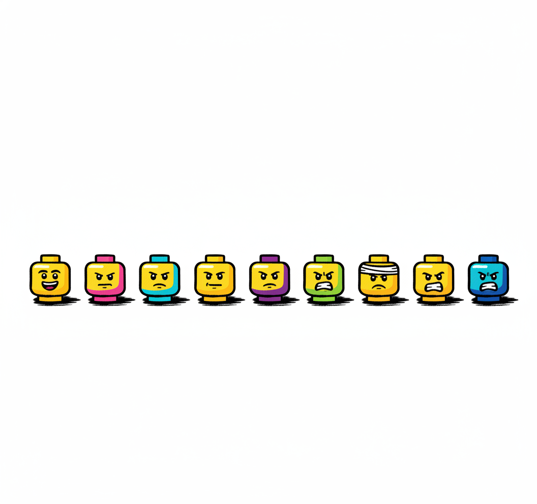 Eight colorful LEGO-like characters with different facial expressions, lined up in a row