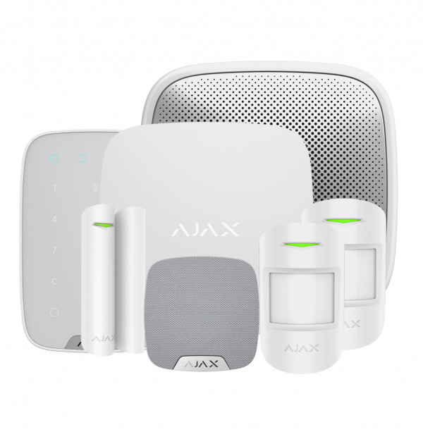 Collection of Ajax security devices including motion sensors, alarm siren, control panel, and detectors.