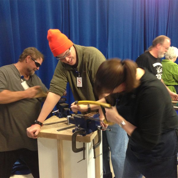 Teamwork! Orange hat is David Barnhill - another well-known mokume artist and vessel maker.