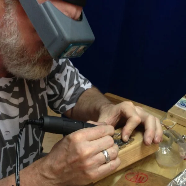 After the billet is 3mm or thinner, patterning begins. Jim using a very cool bur.