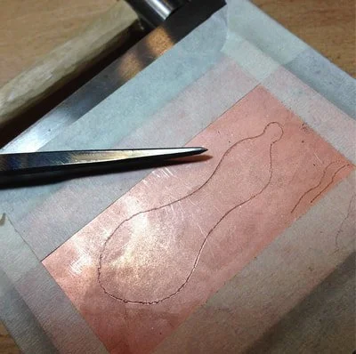  First I outlined the gourd design on my copper using a sharp stamp tool. Just scribe-ing the line would not have been sturdy enough to last through multiple annealings. 
