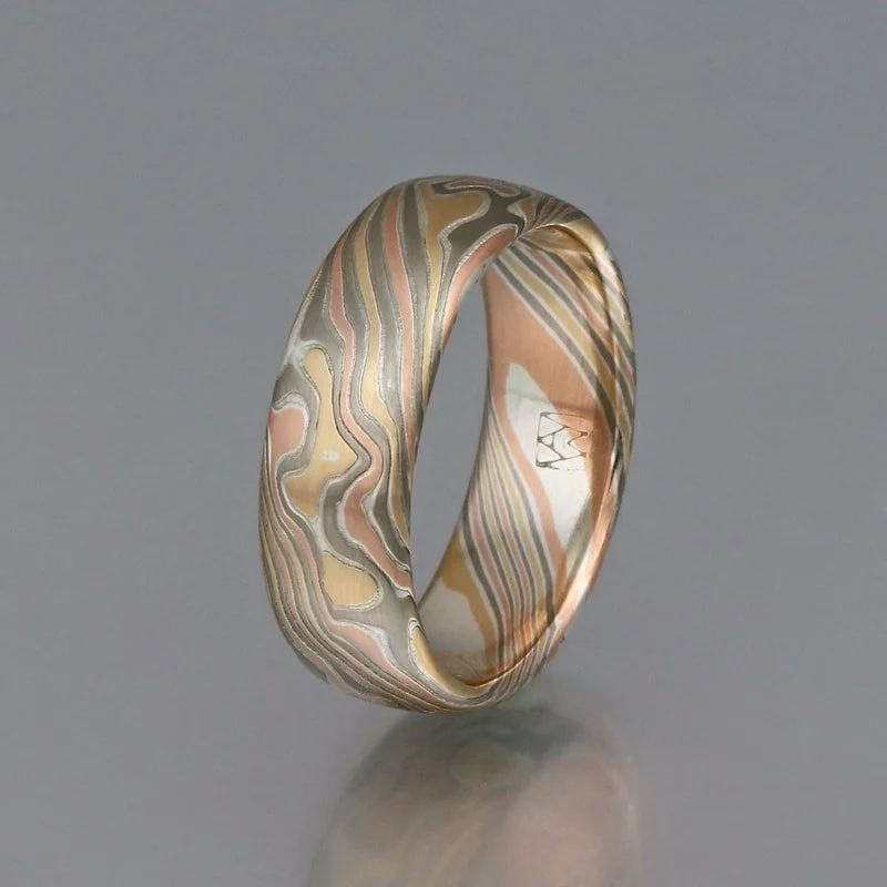 Custom billet based on PRYS, but with even thinner silver layers - 18k yellow gold, palladium 500, 14k rose gold, all layered with thinner layers of sterling silver. After etching the silver is barely visible, leaving the golds and palladium as the d