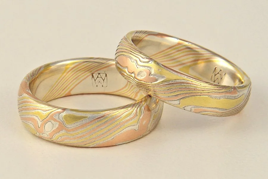 Color Choice YRS - 18k yellow gold, 14k rose gold and sterling silver, one light etch and one deep etch.