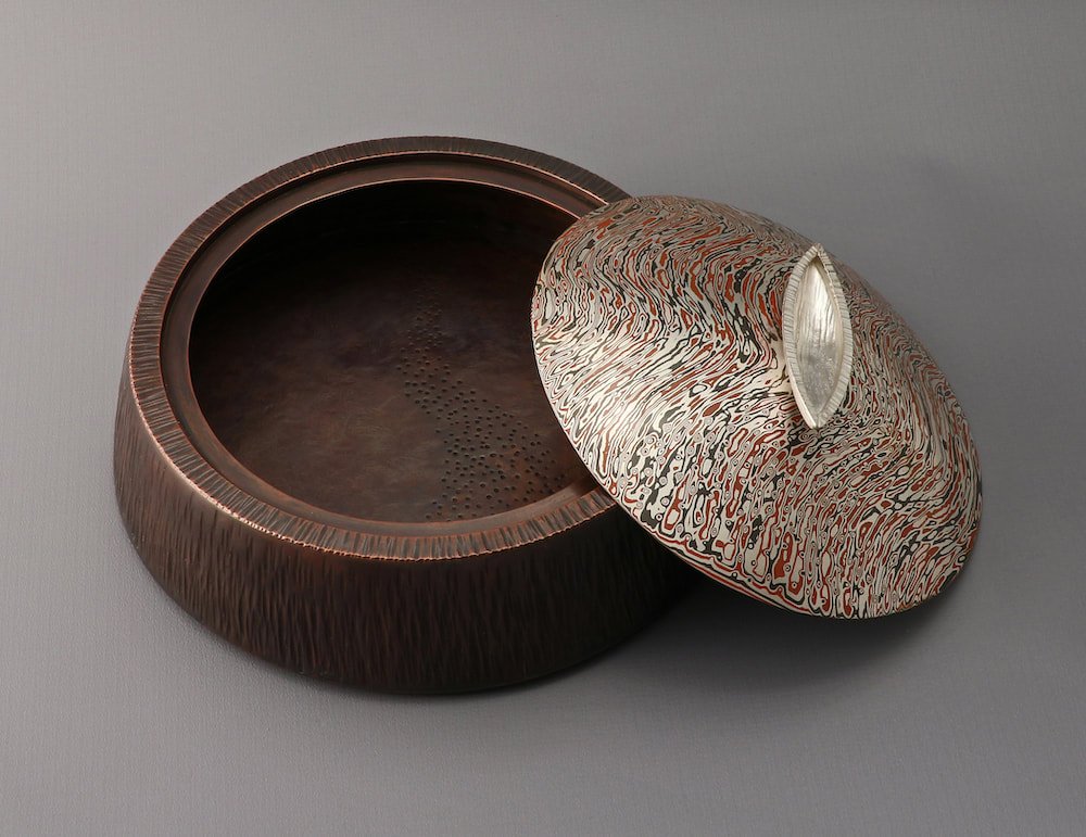 "Drifting on Solid Ground" mokume gane box - open