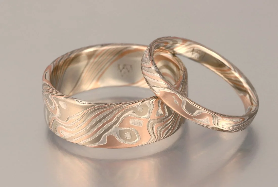 Color Choice WRS - 14k palladium white gold, 14k rose gold and sterling silver, flat-top, etched. 8mm and 3mm.