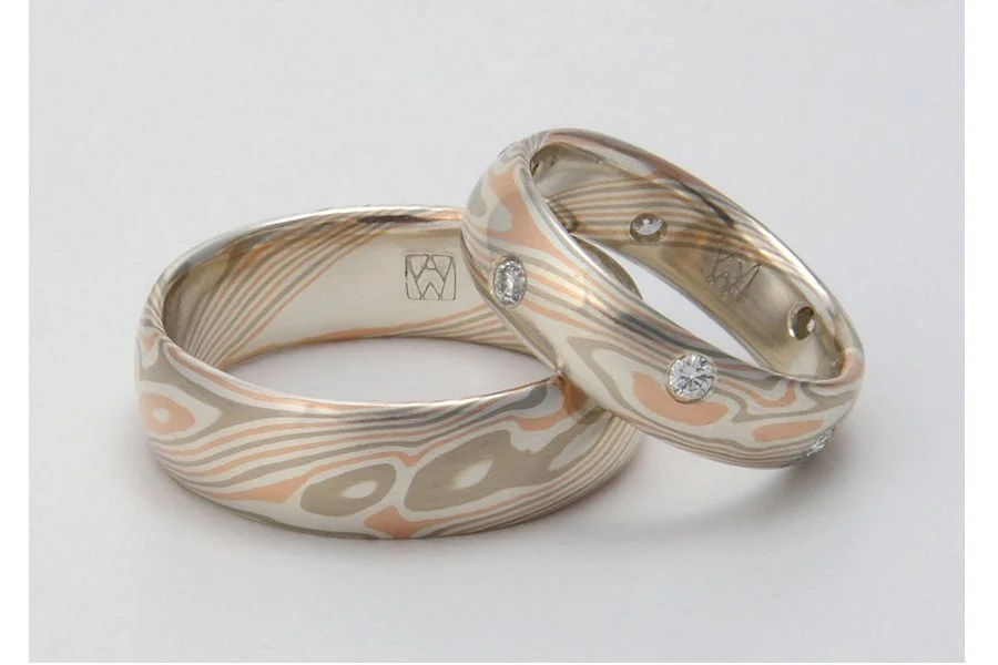 This color combination - (WRS) 14k palladium white gold, 14k rose gold and sterling silver - has the most contrast of all the materials I use. It is great for those wanting the pattern to stand out. These are my classic design rings with the addition