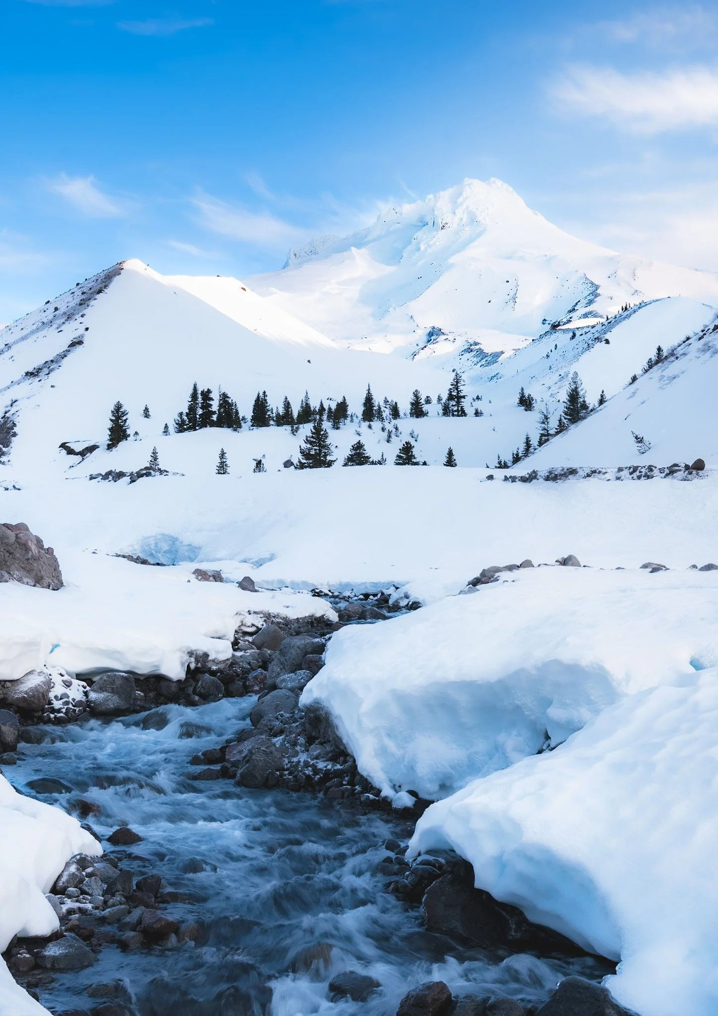 Snow-covered mountains with a mountain peak in the background, a river flowing over rocks in the foreground, and scattered pine trees on the slopes.