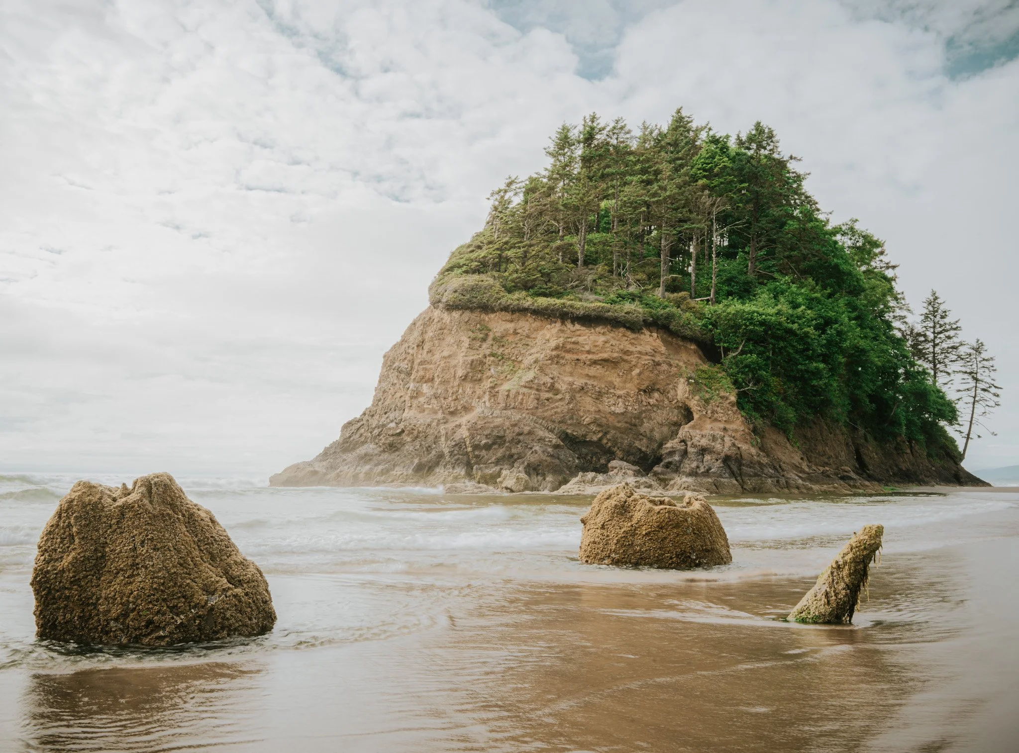 An ocean scene with a large rocky island covered in trees and greenery, with smaller rocks in the foreground and calm waves at the shore.