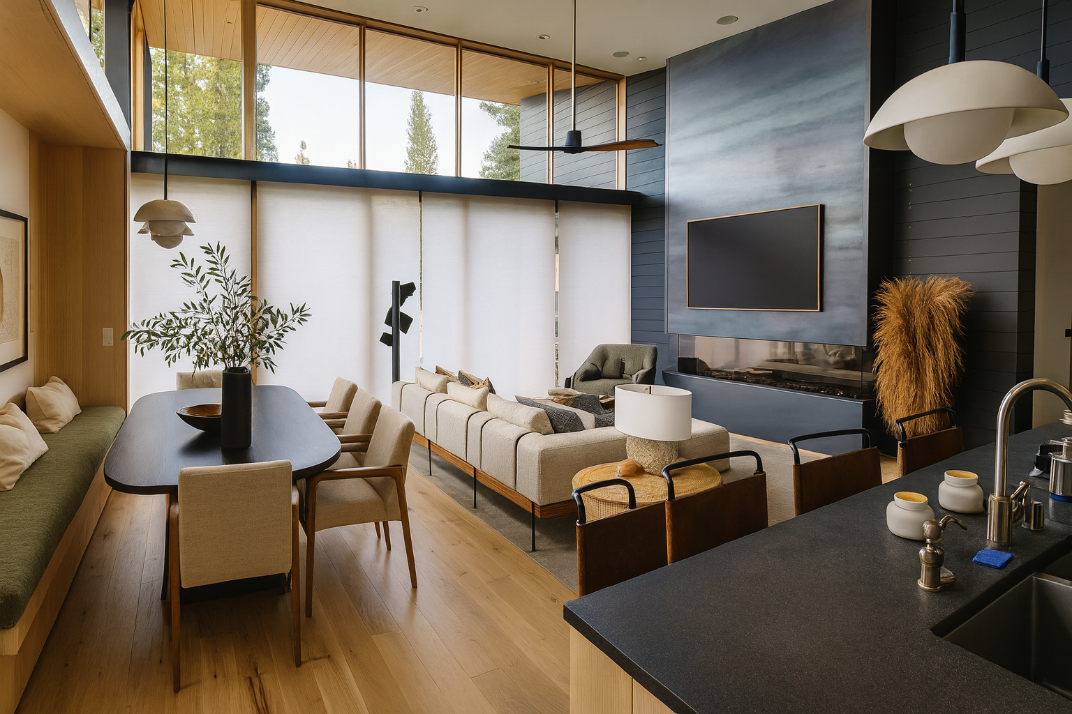 modern kitchen and living room - hot rolled steel fireplace