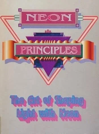 An educational poster titled 'Neon Color' showing how different gases such as Helium, Neon, Argon, Krypton, and Xenon glow in various colors when energized. It also depicts the role of phosphors, coatings, and the impact of electrical current on brightness with illustrations of test tubes and color gradients.