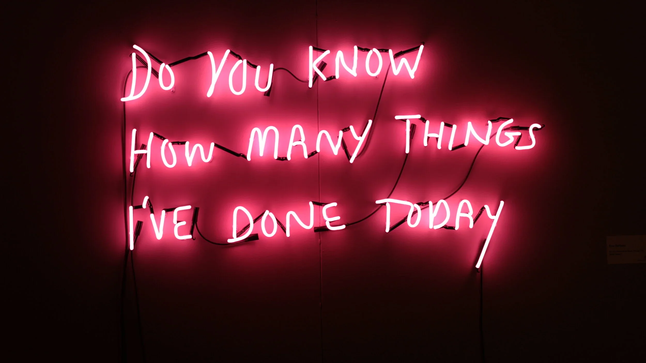 Pink neon sign with the quote, 'Do You Know How Many Things I've Done Today' displayed on a dark wall.