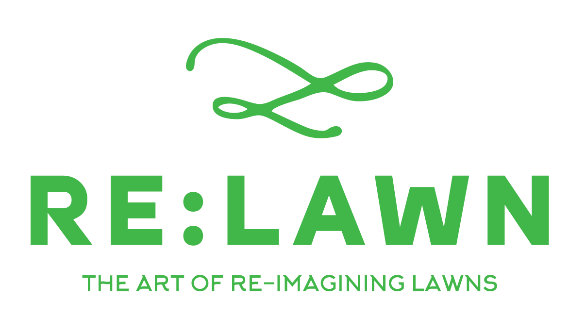 Logo for RE:Lawn with a stylized green lawn mower above the text, 'RE:Lawn: The Art of Re-Imagining Lawns' in green on a black background.