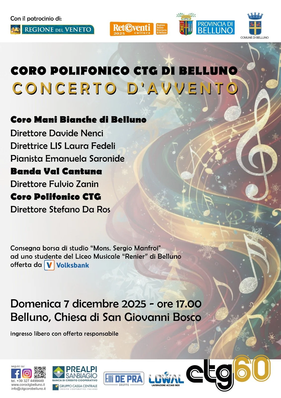 Event poster advertising a Christmas concert organized by the CTG Belluno Polyphonic Choir, including details of performers, date, time, venue, sponsorship logos, and sponsors.