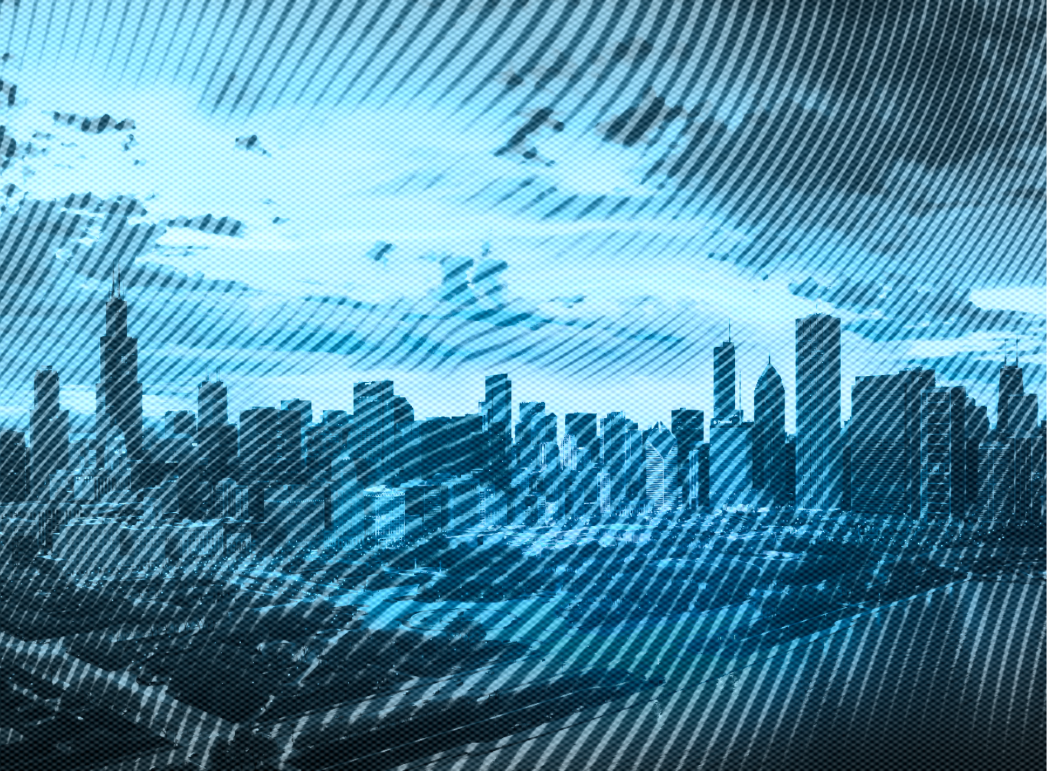 Stylized digital illustration of the Chicago skyline with tall skyscrapers under a cloudy sky with streaks.