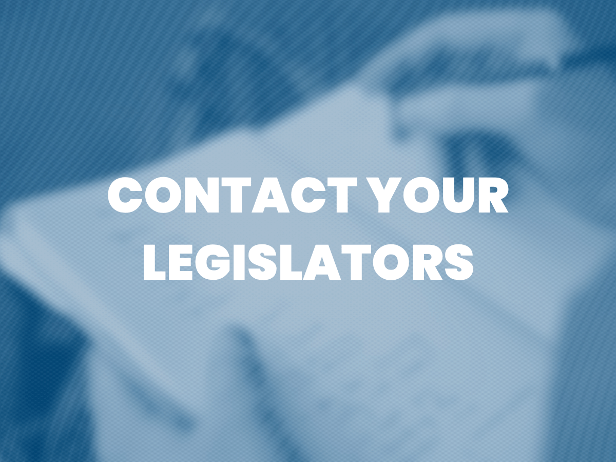 Overlay text saying 'Contact Your Legislators' in white bold letters on a blurred close-up of a person writing in a notebook.