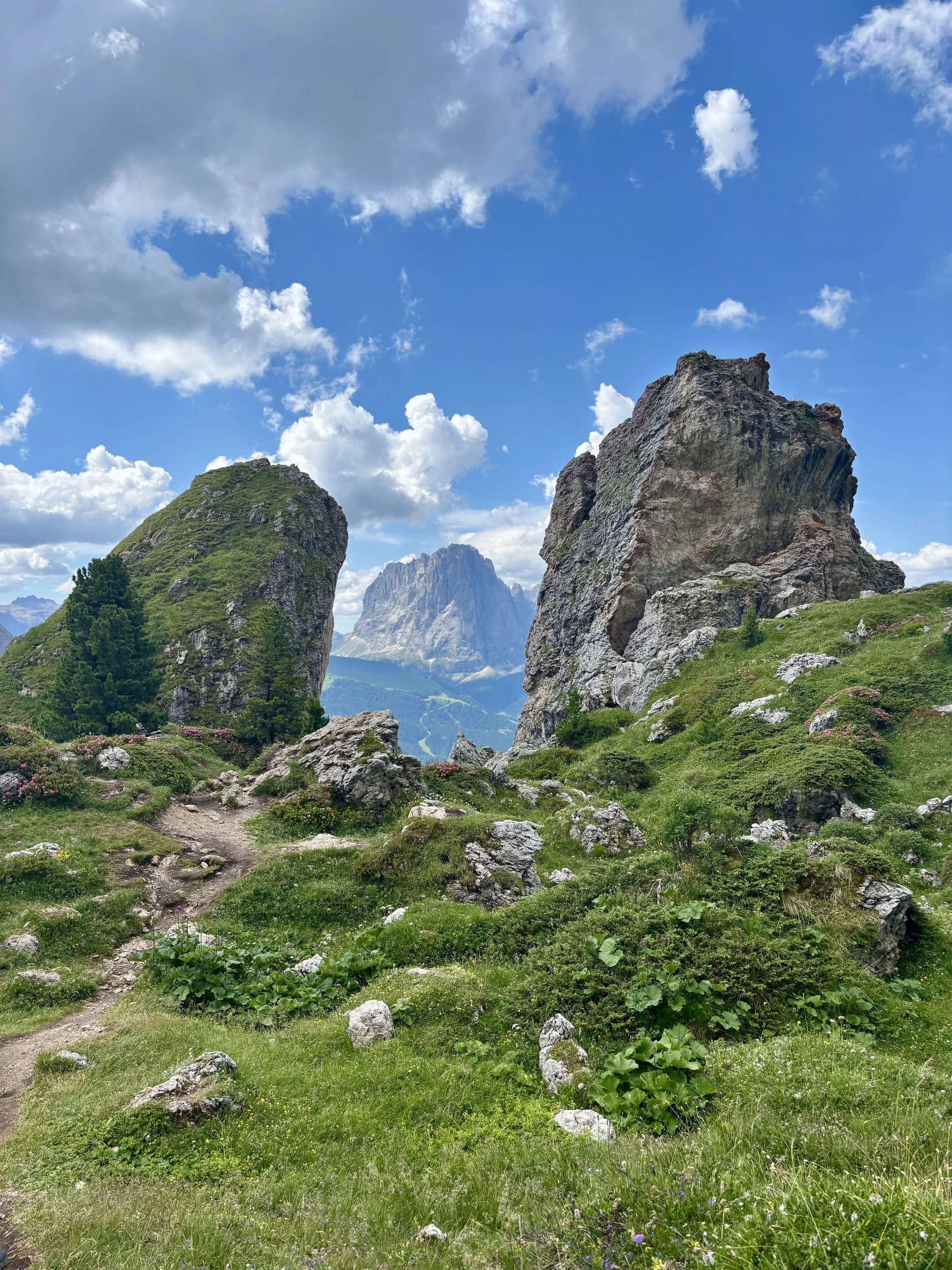Mountain landscape with large rocks and green grass, under a partly cloudy blue sky.