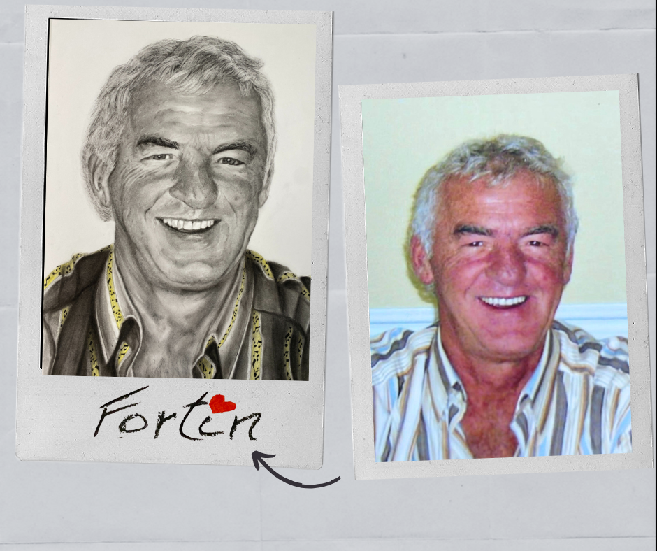 Deux photos d'un homme âgé avec des cheveux gris, portant une chemise à rayures, affichées comme des Polaroids. La photo de gauche est une illustration en noir et blanc avec le nom "Fortn" écrit en dessous, et une petite icône de cœur rouge. La photo de droite est une photo couleur de l'homme souriant devant un mur clair.