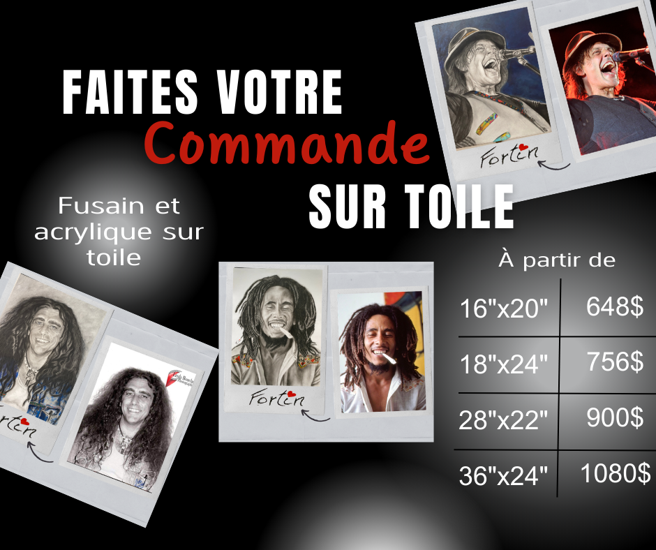 Une affiche promotionnelle pour des portraits sur toile, avec des images de Bob Marley et des options de tailles et prix.