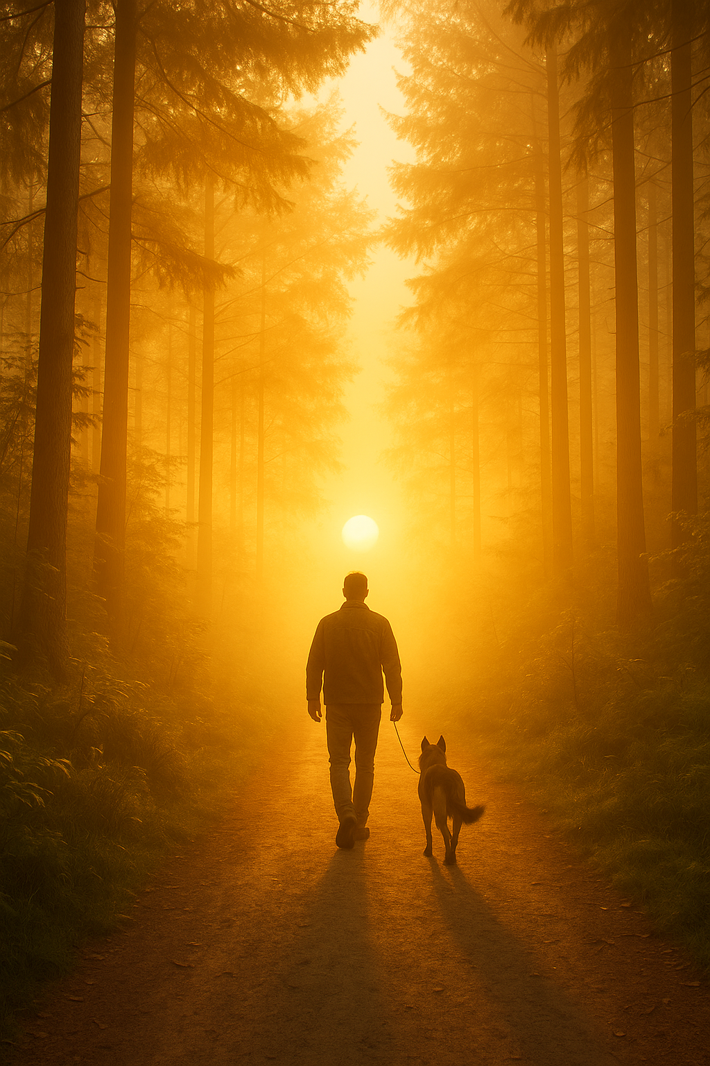 A man walk his dog toward a golden sunrise through a misty forest, symbolizing calm awareness, healing and the conscious retraining of his mind