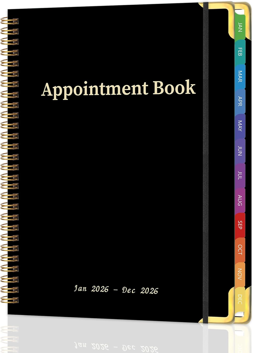 Black appointment book with 12 color-coded tab dividers labeled for each month of the year, from January to December, and a black elastic band closure.