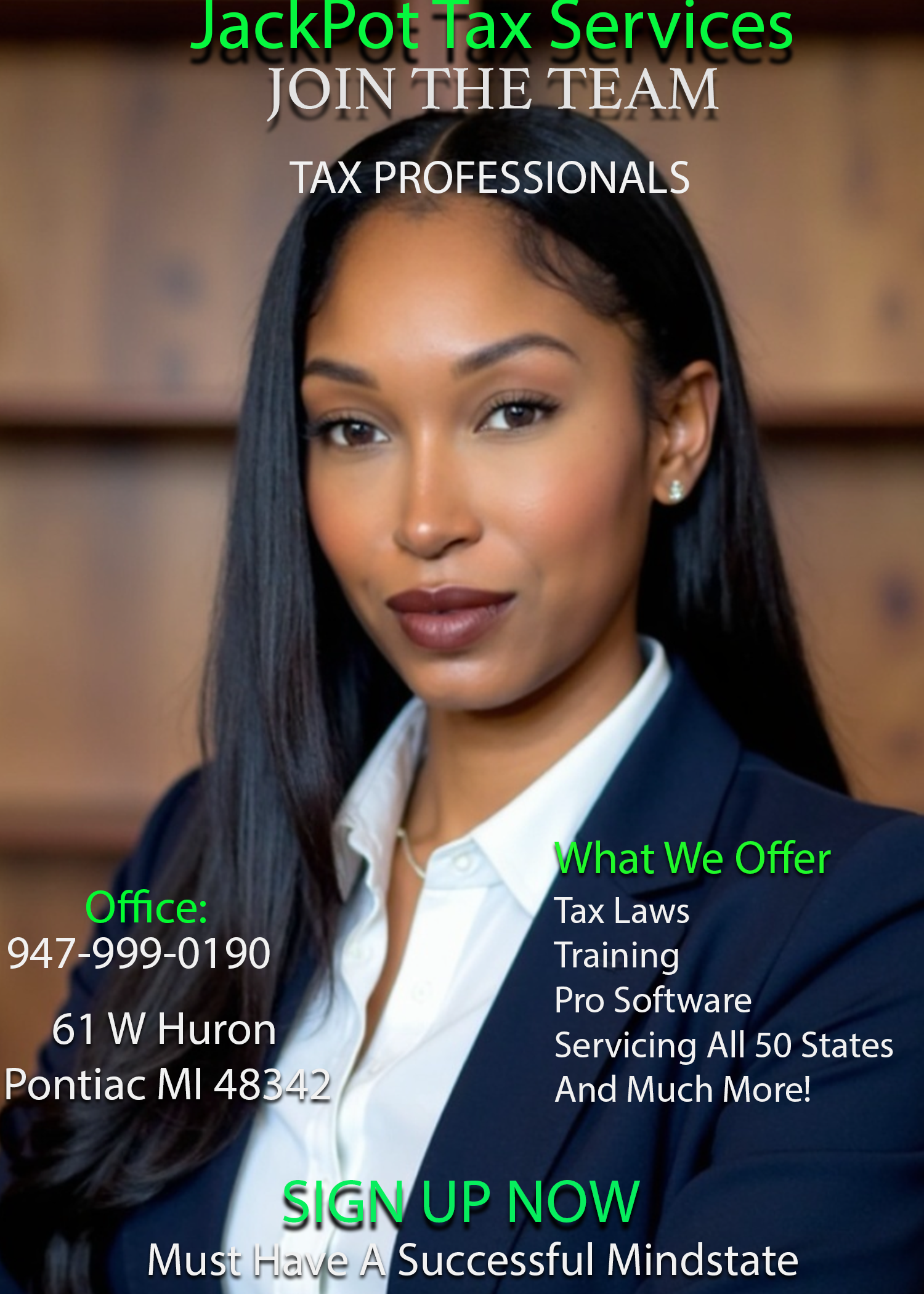 Flyer for Jackpot Tax Services with a portrait of a smiling woman with long black hair, wearing a dark blazer and white shirt, advertising tax services, office contact information, and sign-up details.