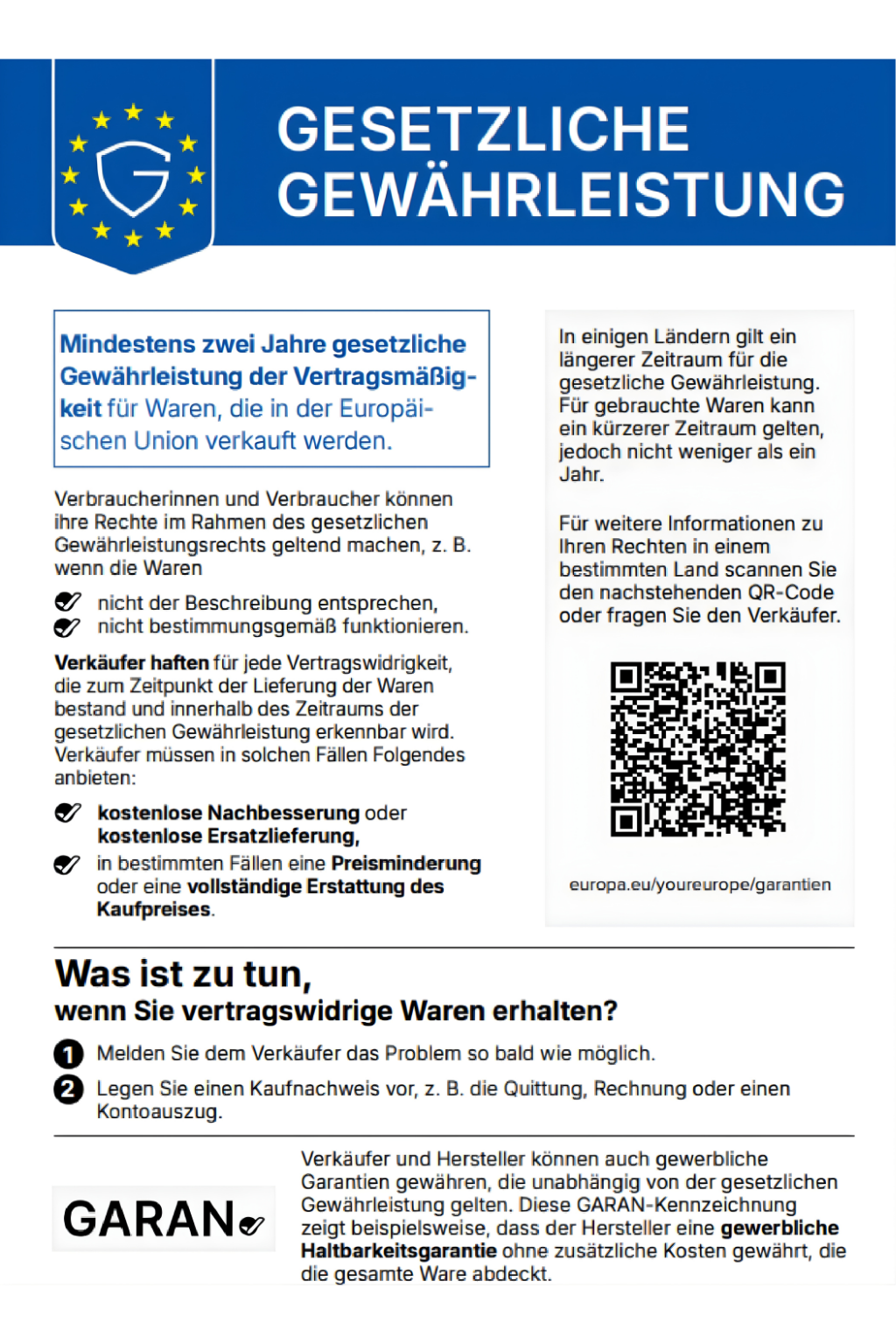EU Informationsblatt über gesetzliche Garantie, mit QR-Code und EU-Logo, Text in Deutsch.