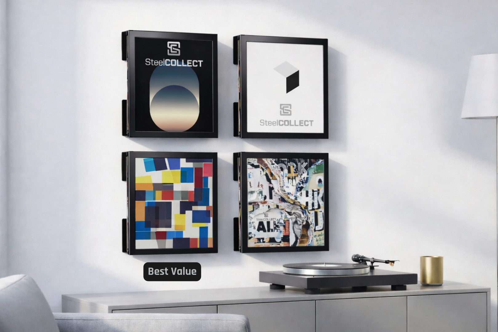 Schallplatten Wandhalterung – 4er Bundle aus Stahl, zweiteilig, abnehmbar – SteelCOLLECT