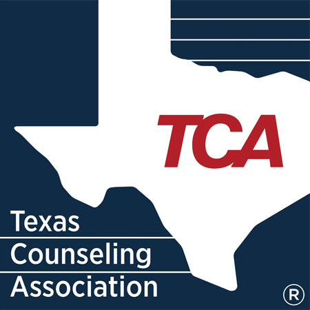 Logo of the Texas Counseling Association with a stylized outline of Texas and the acronym TCA in red.