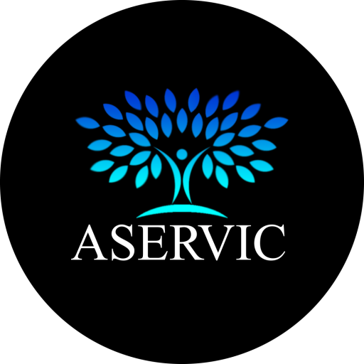 Logo of a stylized blue tree with the word ‘ASERVIC’ below it on a black background.