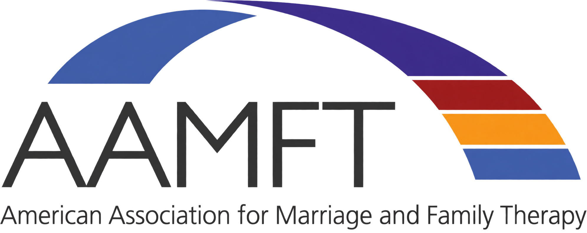 Logo of the American Association for Marriage and Family Therapy (AAMFT), featuring a stylized rainbow arch with blue, red, yellow, and orange segments, and the acronym "AAMFT" underneath, with the full name in smaller text below.
