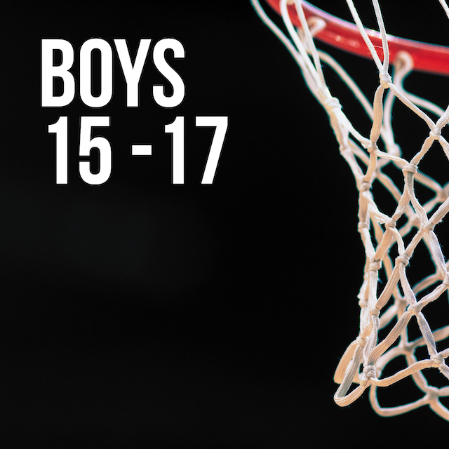 Close-up of a basketball hoop net with a black background, indicating a team or league for boys aged 15 to 17.