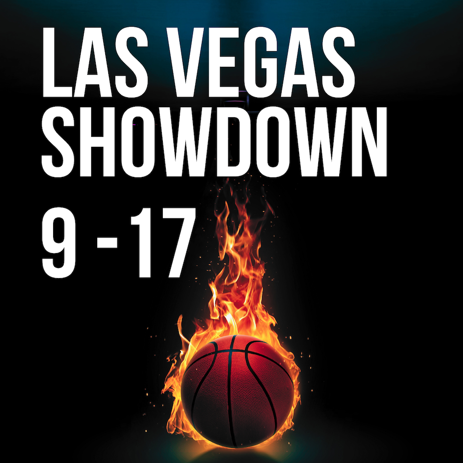 Poster for the Las Vegas Showdown basketball event from September 9 to 17, featuring a flaming basketball.