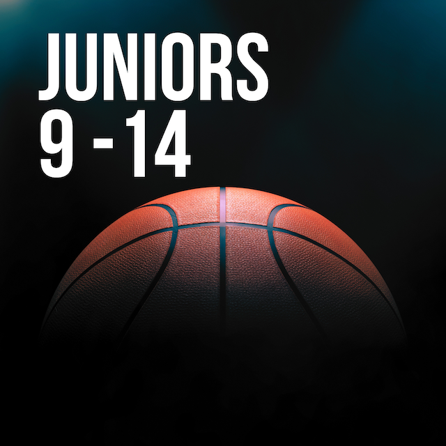 Poster advertising a juniors basketball event for ages 9 to 14, featuring a close-up of a basketball.