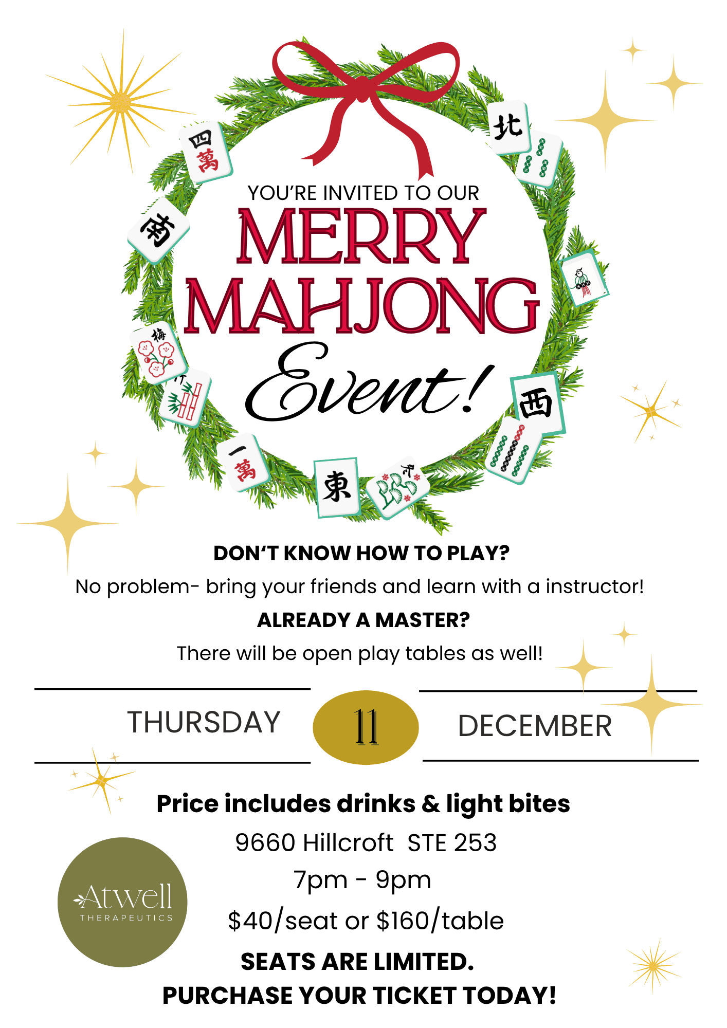 Invitation to Atwell Therapeutics' Mahjong community event in Southwest Houston