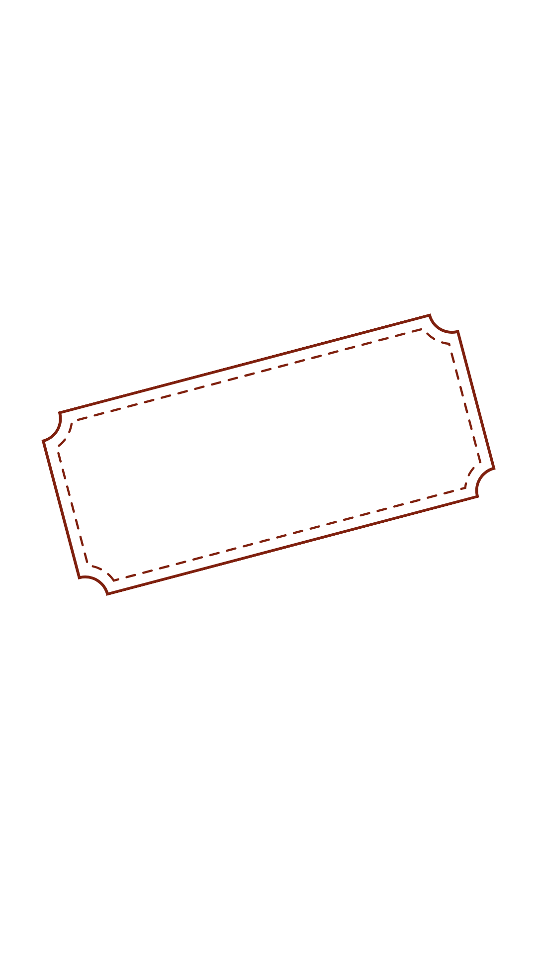 A digitally drawn ticket with ornate edges and a dotted line for tearing, set against a black background.