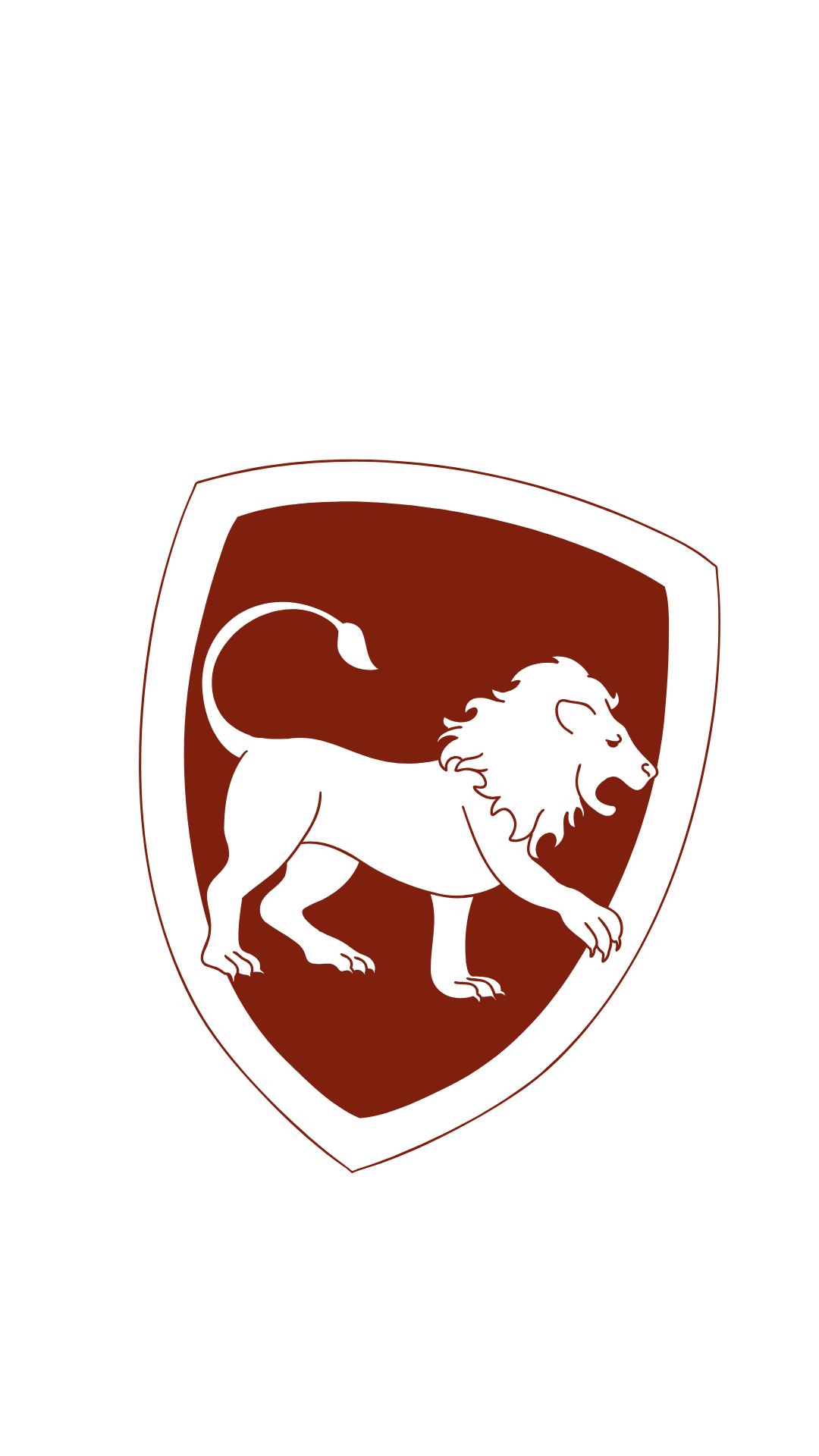 A black lion silhouette on a red and black shield background.
