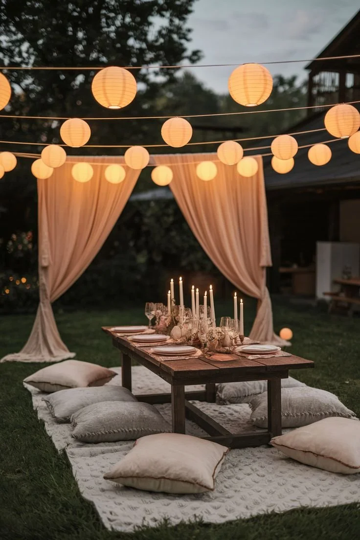 An outdoor dinner setup with a low wooden table surrounded by cushions on a blanket. The table is decorated with candles and floral arrangements, with curtains behind and paper lanterns hanging above, creating a cozy ambiance at dusk.