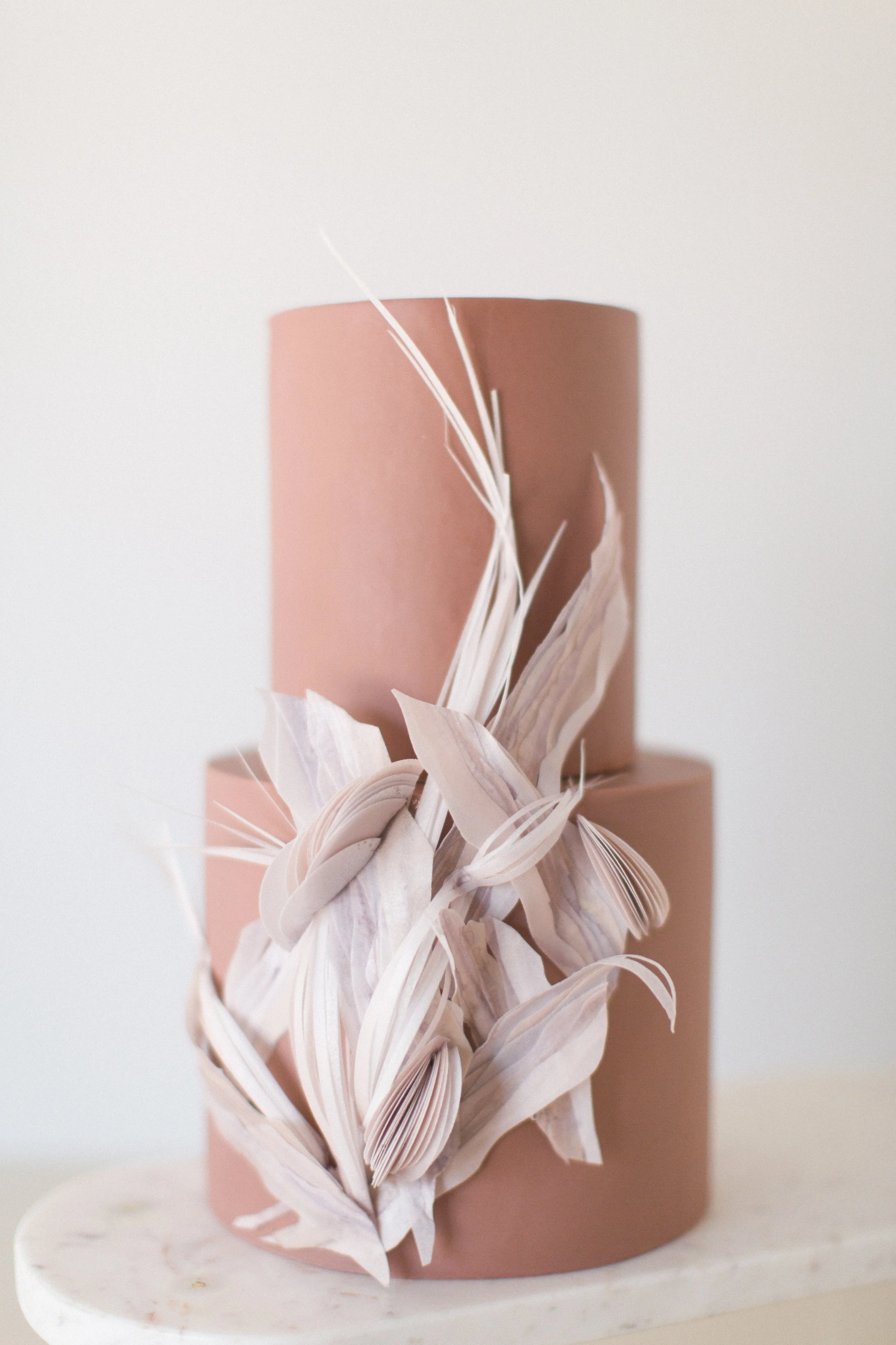 A two-tiered cake with a matte pink finish, decorated with dried leaves and grasses, placed on a white marble surface.