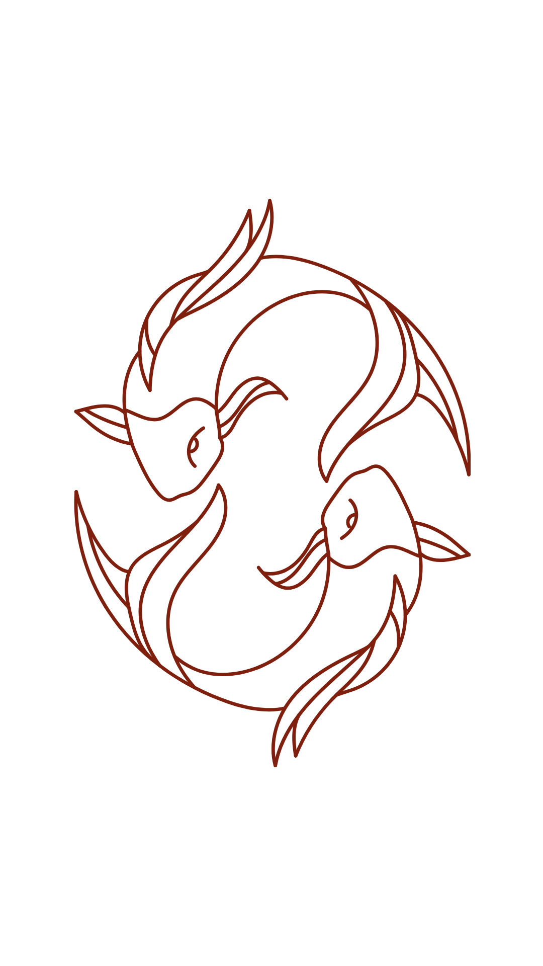 Line art illustration of two koi fish swimming in a circle, with flowing fins and tails.