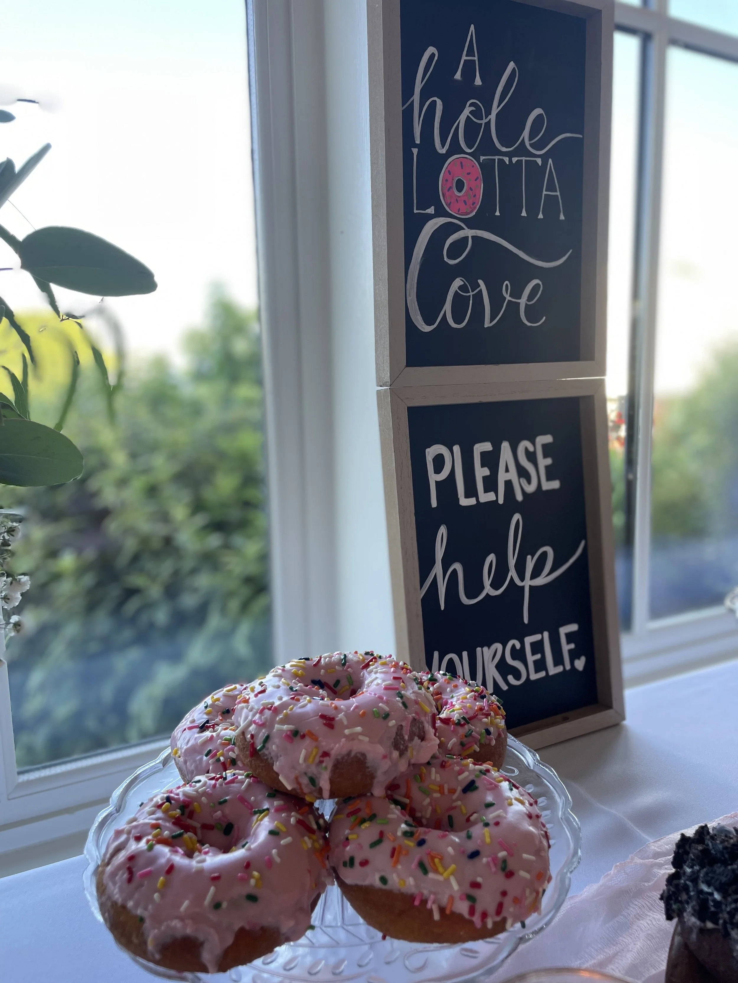 Plate of pink frosted donuts with rainbow sprinkles on a glass cake stand next to a sign that reads 'A hole lotta love' and 'Please help yourself' near a window.