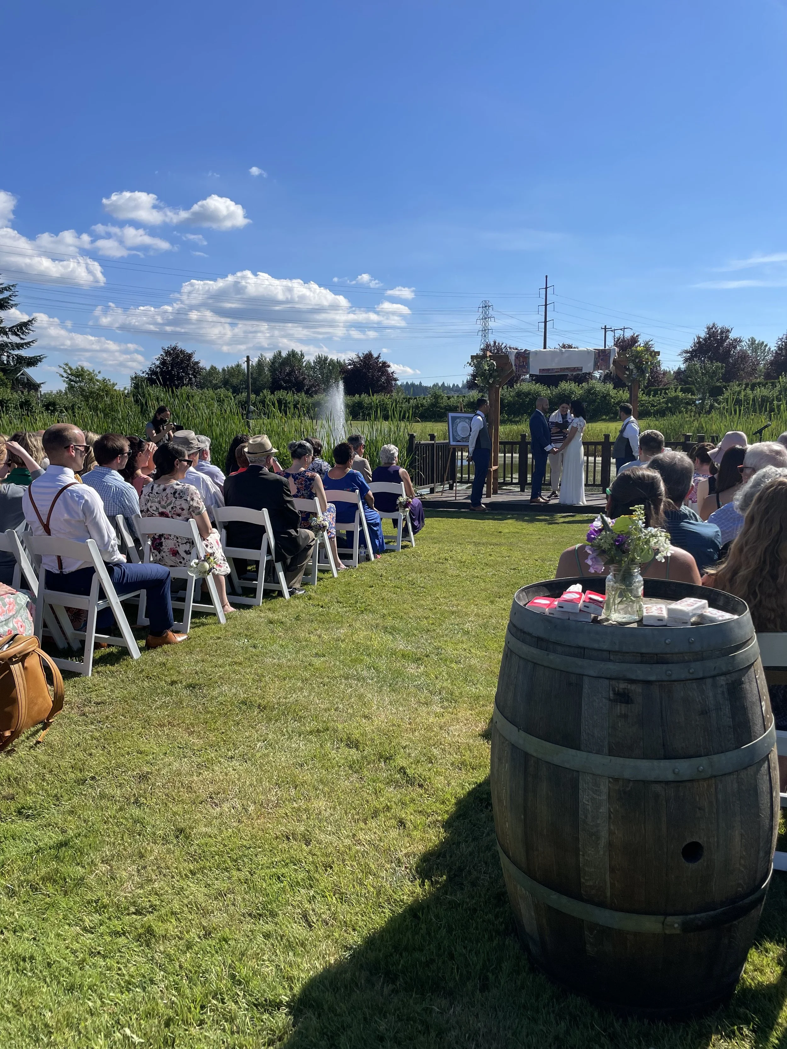 Outdoor wedding ceremony on a sunny day with guests seated on white chairs, a bride and groom exchanging vows under a wooden arch, and a scenic background of green grass, trees, and power lines.