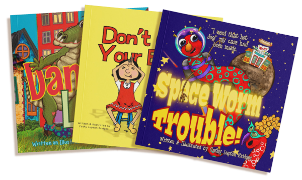 Three children's books by Cathy Lupton Bridges with colorful covers, featuring a crocodile, a girl covering her ears, and a space-themed bug on the front.