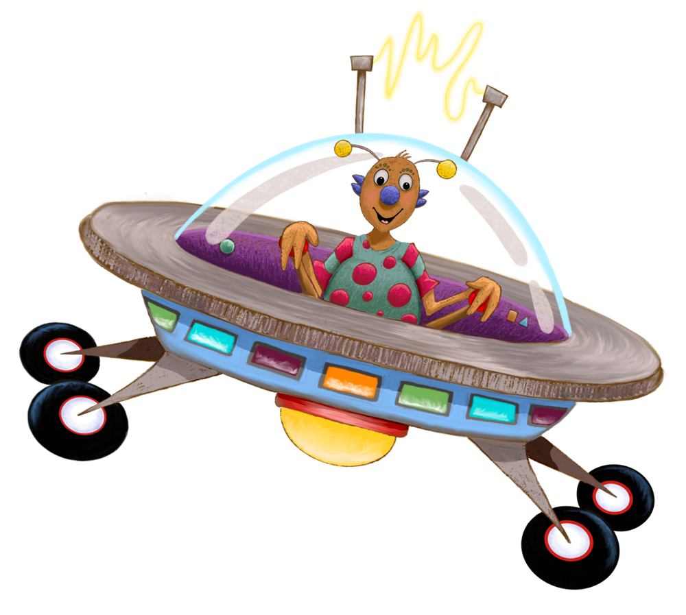 Animated character of a happy dog with a blue nose and pink polka-dot shirt riding a futuristic flying hovercraft with colorful lights and a transparent canopy.