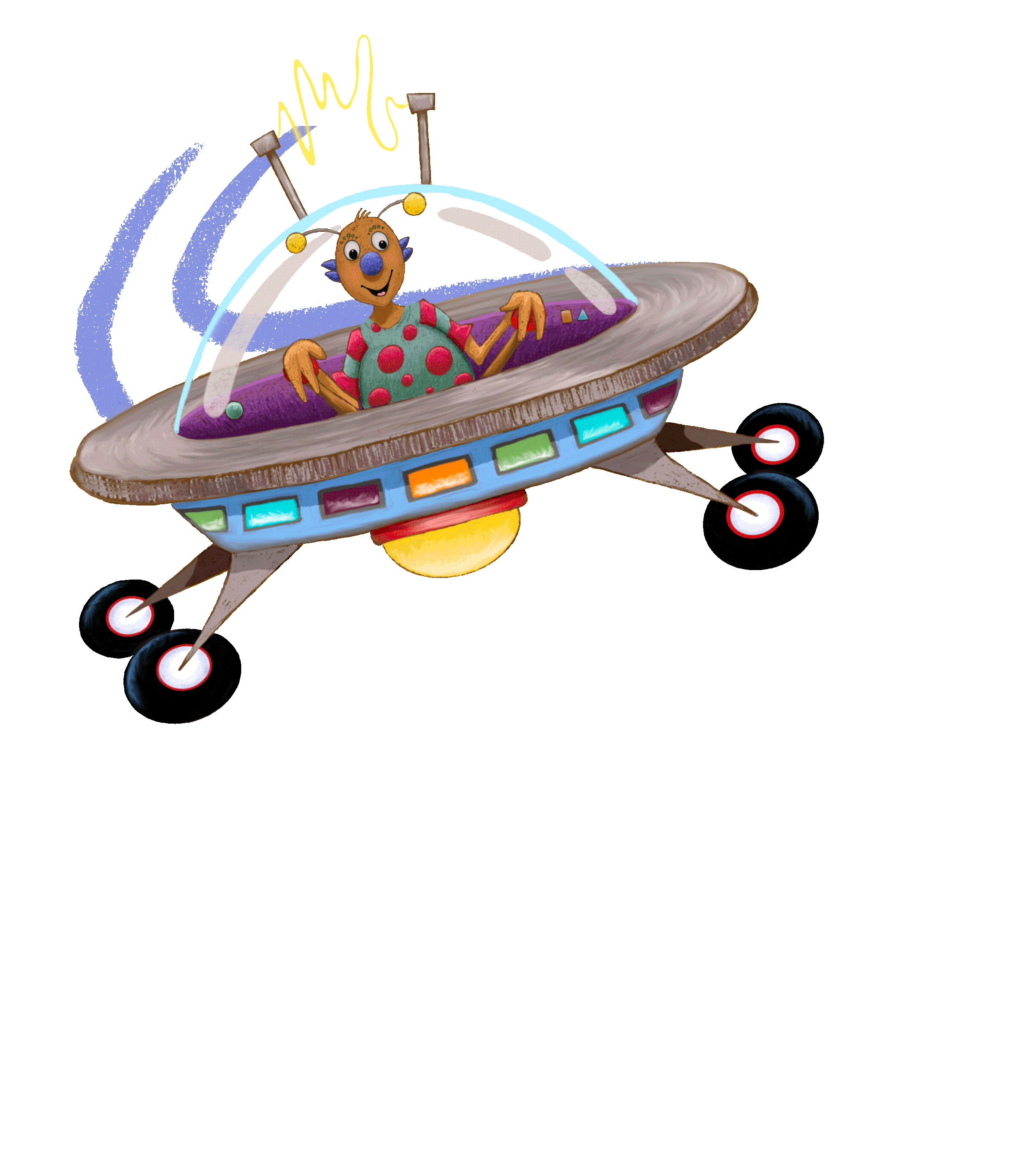Bebo is an illustrated alien with a friendly face inside a flying saucer with colorful lights and four wheels, flying through space.